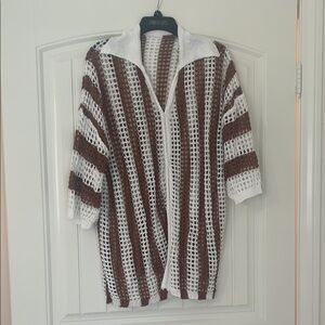 Brown and White Striped Knit Cardigan